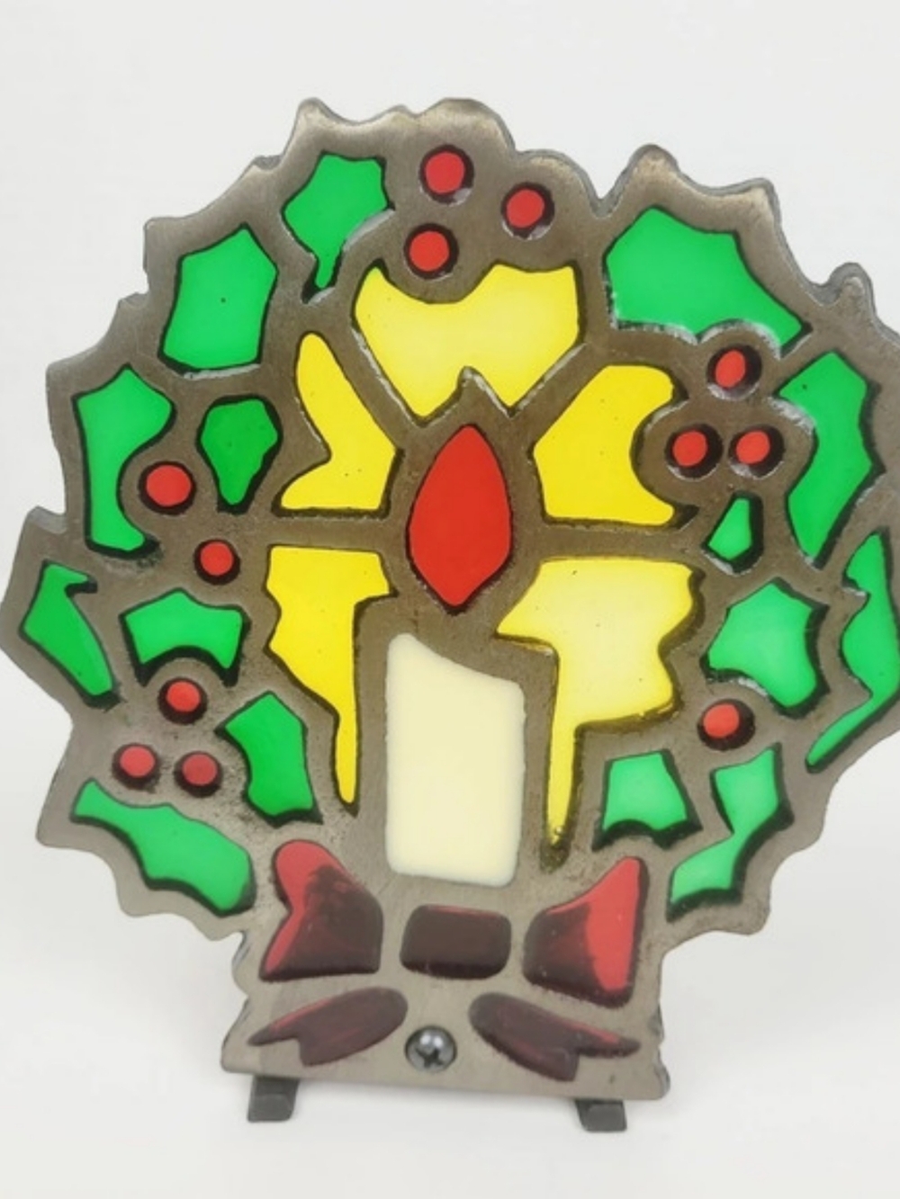 Vtg Christmas Cast Iron Stained Glass Wreath Glo-Candle Holder Votive Tealight
